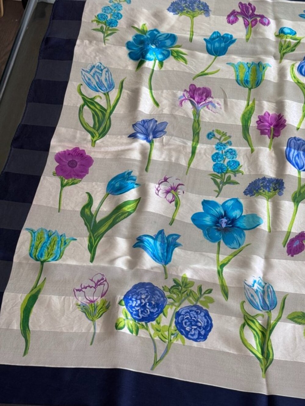 Adrienne Vittadini Vintage Silk Scarf | Floral Botanical Print | Blue & Purple - Picture 4 of 7